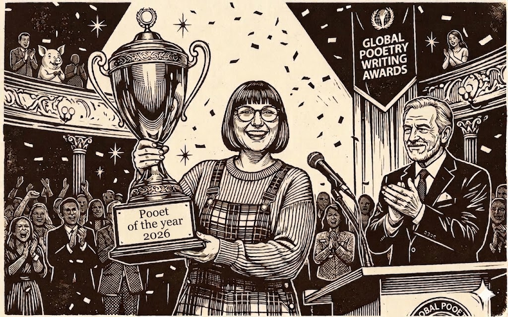 Edith Shyly receiving the Pooet of the Year 2026 trophy at the Global Pooetry Writing Awards